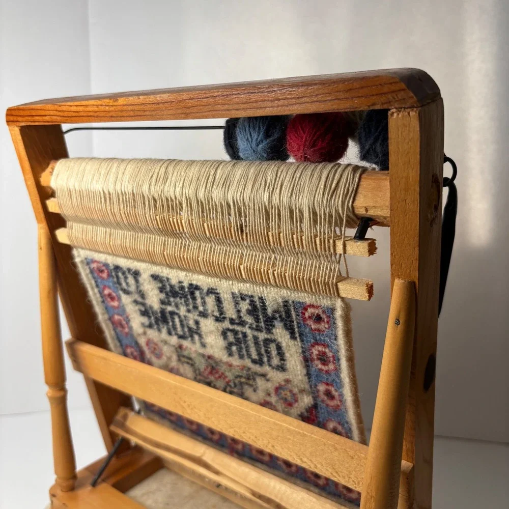 Miniature Welcome to Our Home‎ Tapestry Rug on Wooden Loom Display